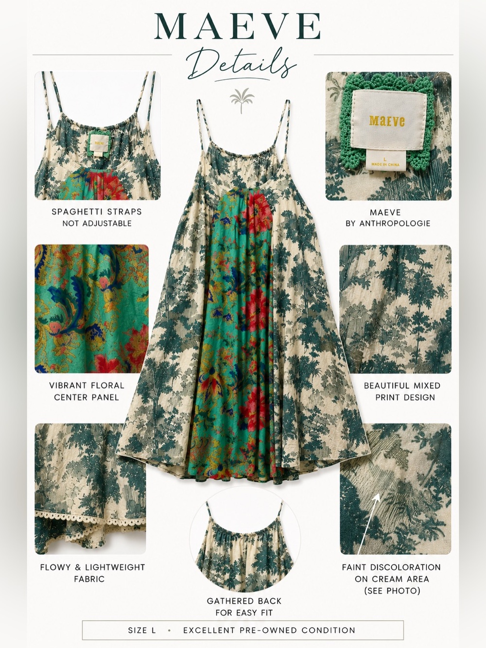Maeve Anthropologie Mixed Print Toile Floral Slip Midi Dress Green Multi L - Picture 4 of 11